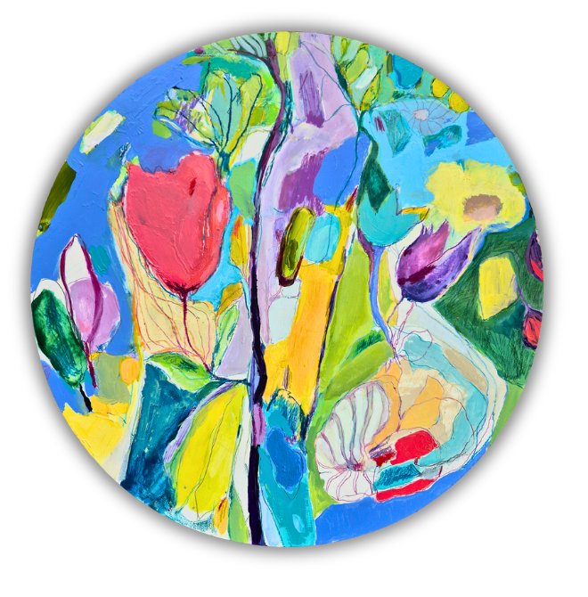 Bloom V, from the “Blooming” series, 2026. Diameter 40 cm, Mixedmedia on Wood