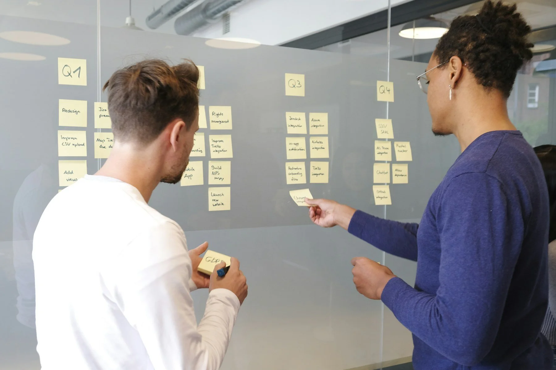 Two colleagues arranging yellow planning notes on a glass wall