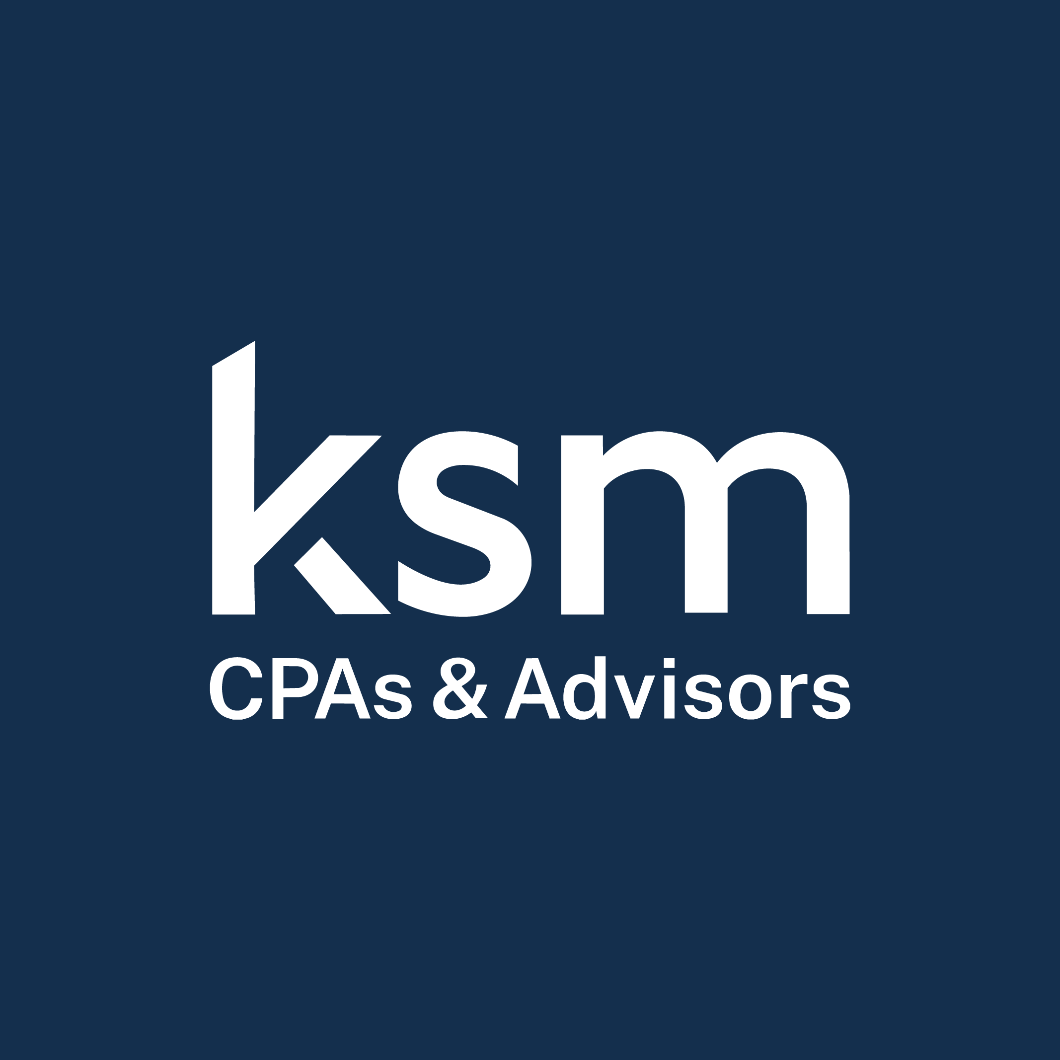 Logo for KSM CPAs & Advisors in white text on a navy blue background.