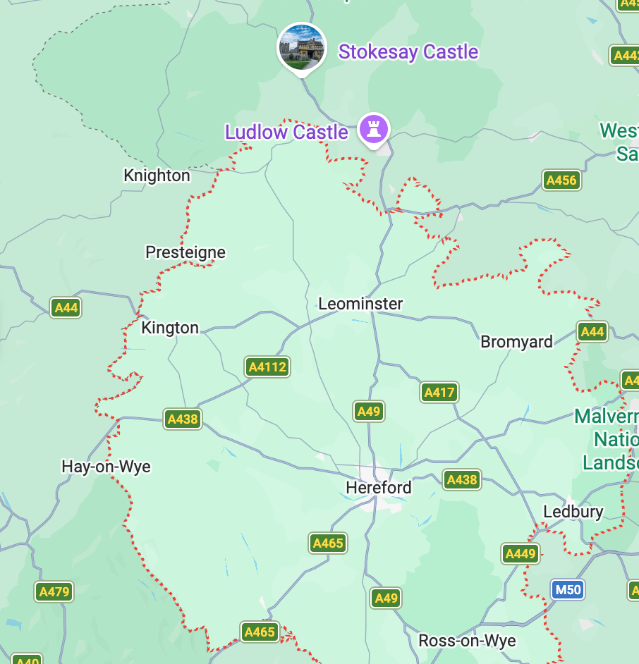 Map of an area in England showing towns, roads, and castles, including Ludlow Castle, Stokesay Castle, and nearby towns like Knighton, Presteigne, Kington, Leominster, Bromyard, and Hereford.