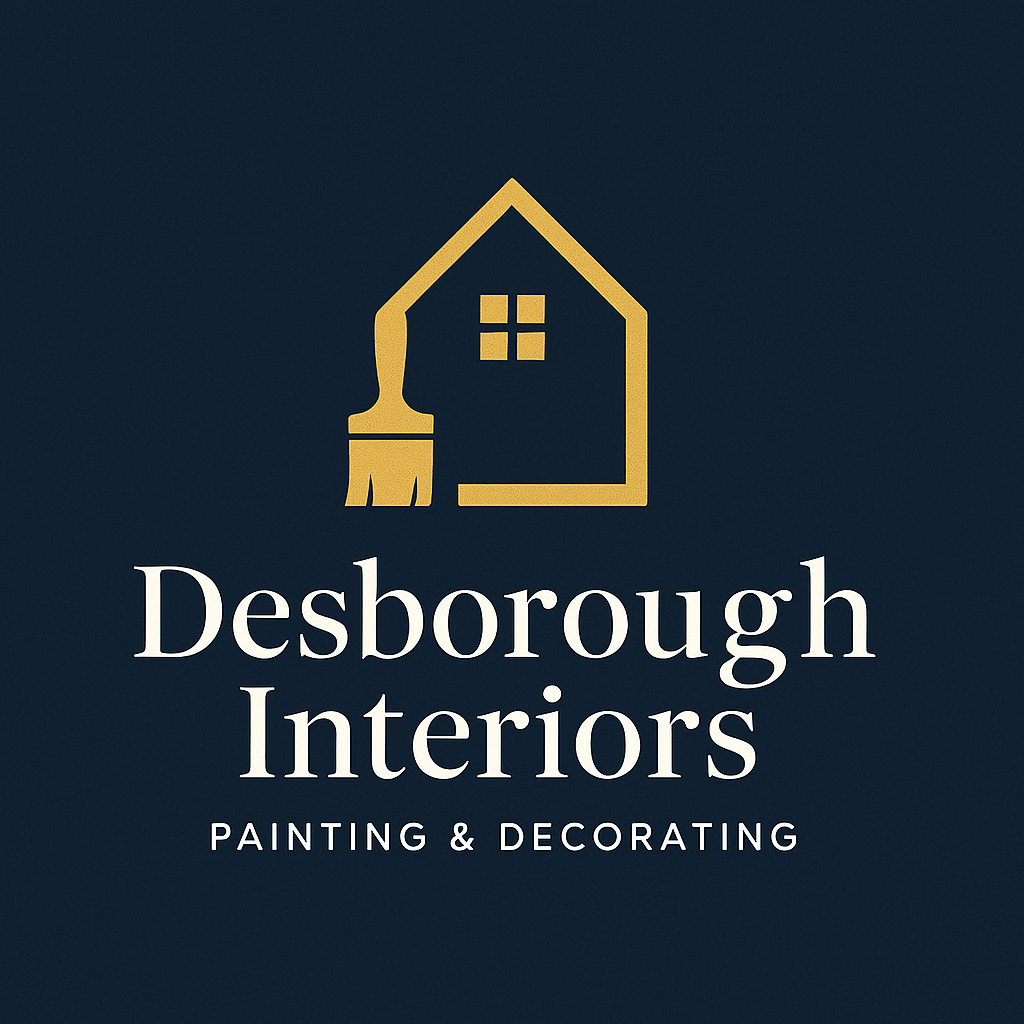 Logo for Desborough Interiors featuring a gold house outline with a paintbrush integrated into the left side, and the company name 'Desborough Interiors' with the tagline 'Painting & Decorating' on a dark background.