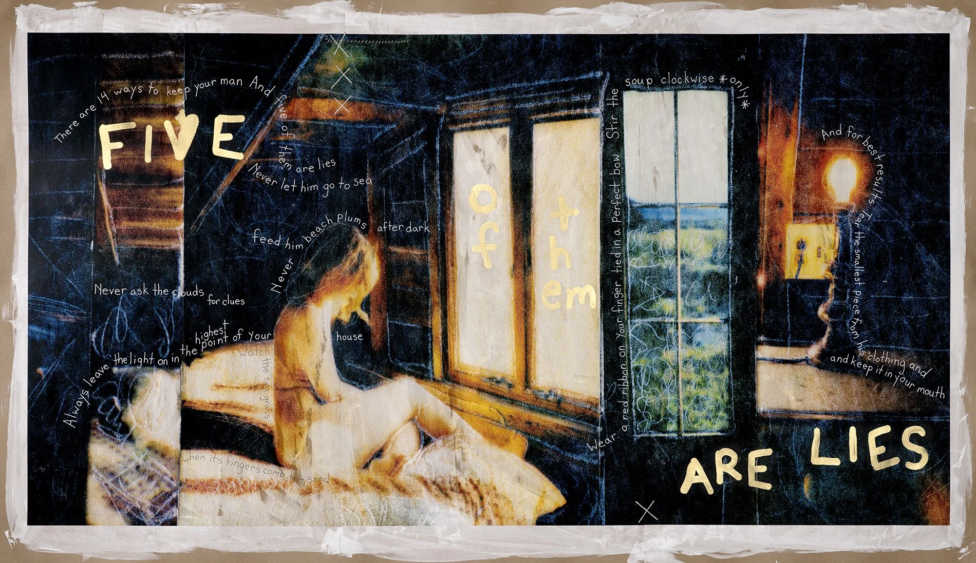 Five of Them are Lies • Ink on brown paper with encaustic, mark making, hand written text, and yarn • 40″ x 70″ • 2024