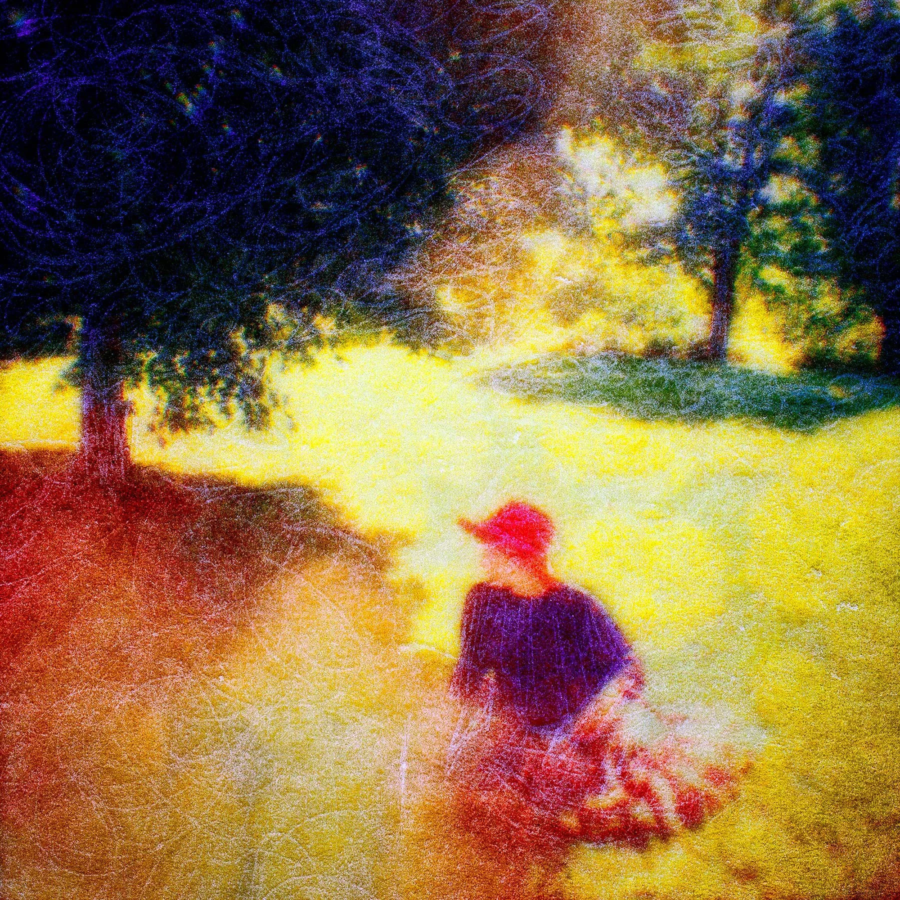 Girl with Red Hat • 40" x 40" Pigment on Hand Made Amate Paper with Mark Making