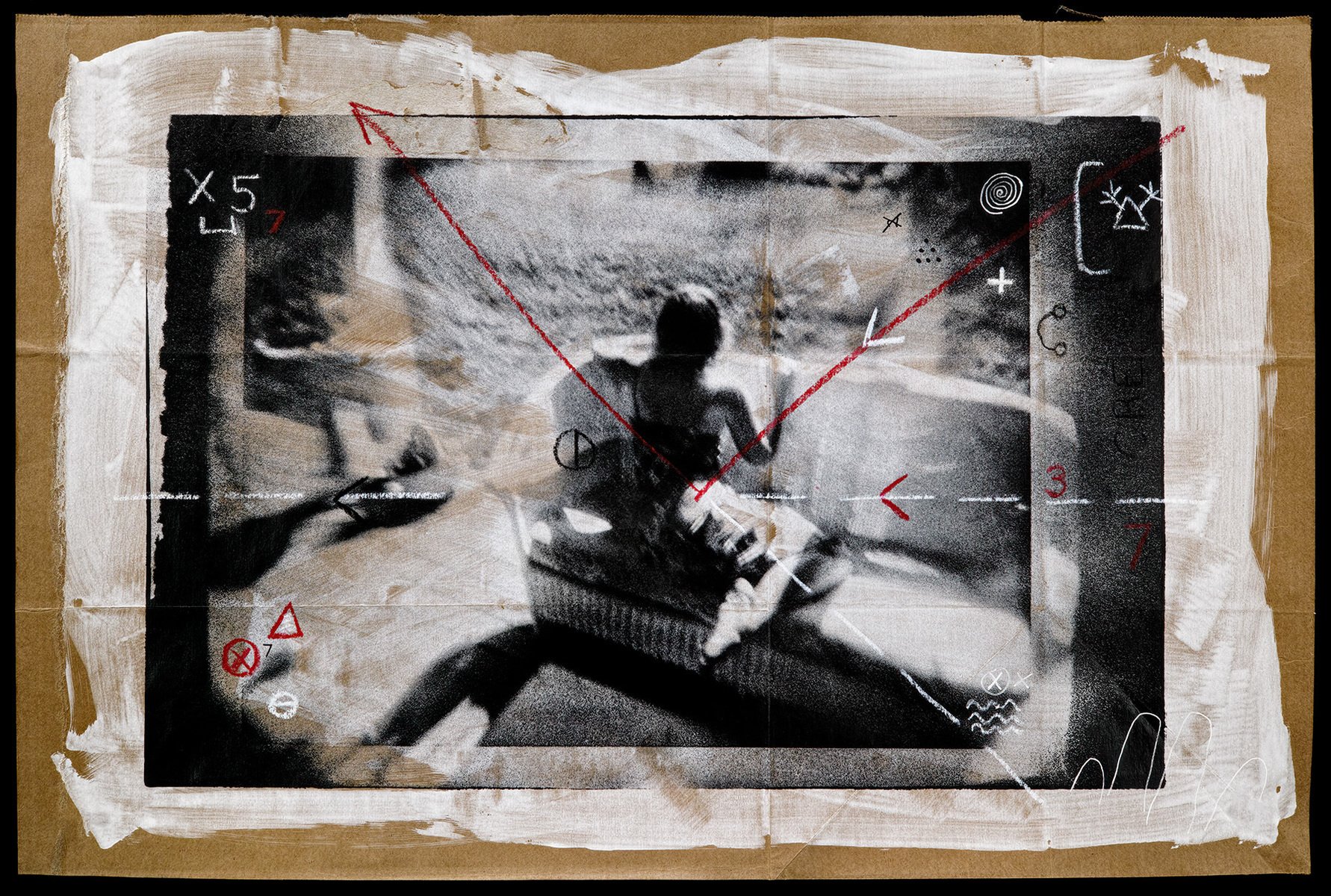 X 5 7 • Pigment on hand coated deconstructed paper bag with mark making • 15.5" x 23.25" • 2024