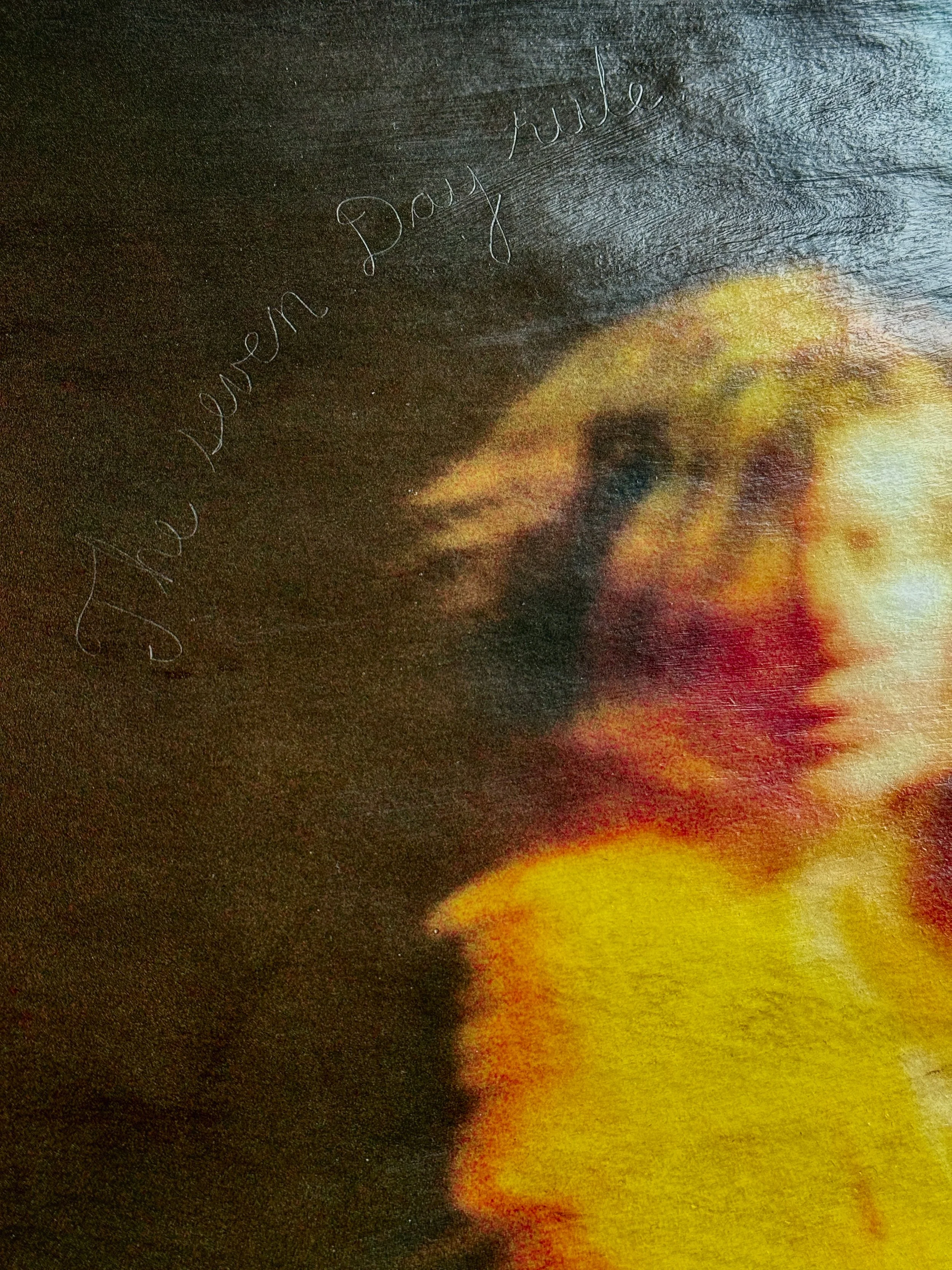 Detail- The Seven Day Rule •
Ink on hand coated brown paper bag with varnish and etched script • 28.5" x 39"  • 2025