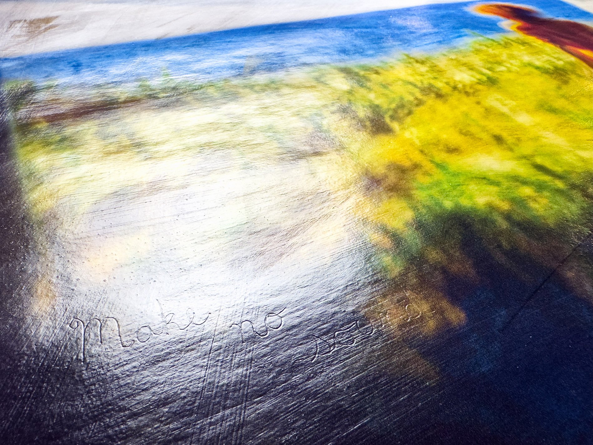 Detail- Turn Three Times Around •
Ink on hand coated brown paper bag with varnish and etched script • 28.5" x 39"  • 2025