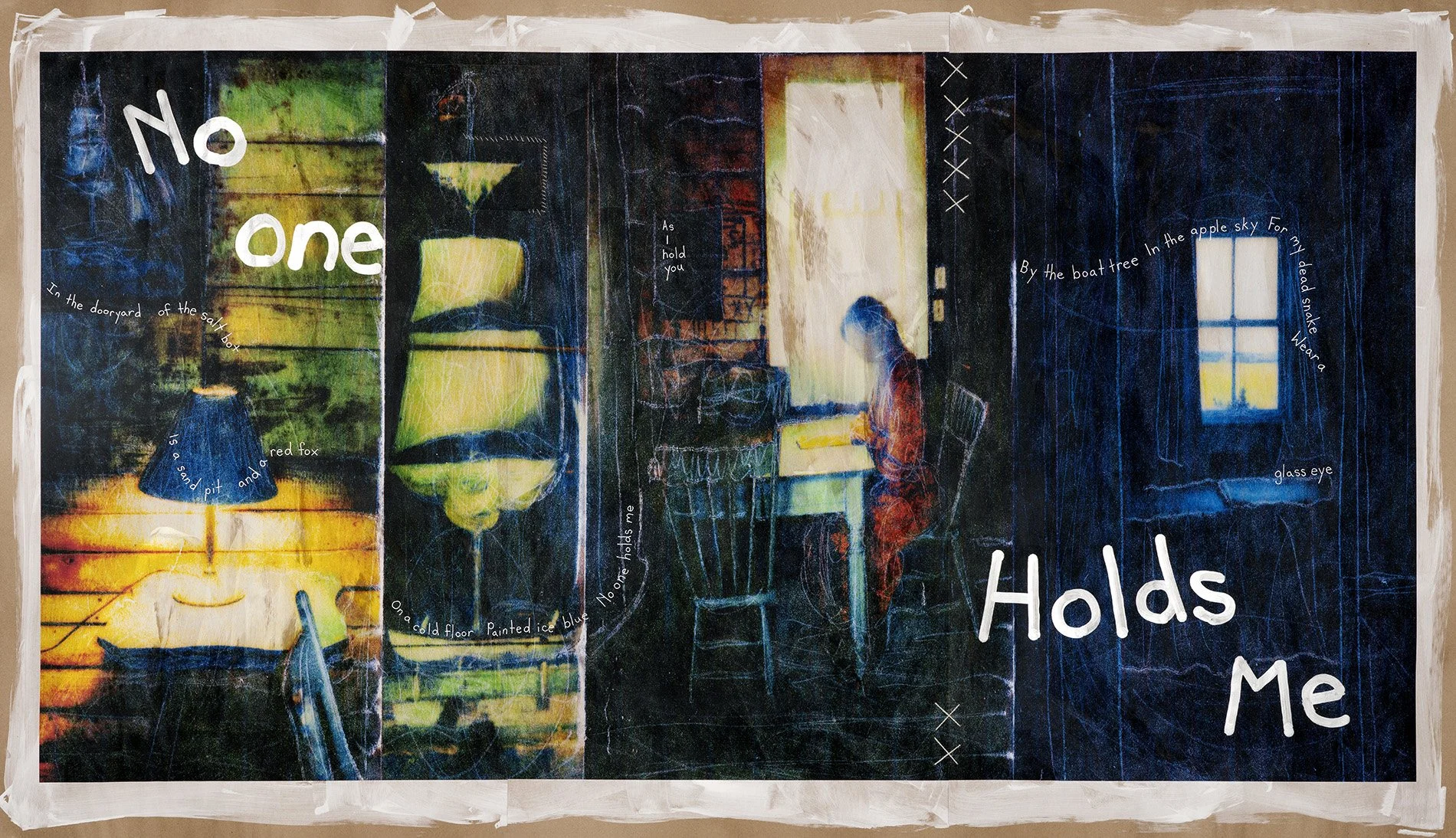 No One Holds Me • Ink on brown paper with encaustic, mark making, hand written text, and yarn • 40″ x 70″ • 2024