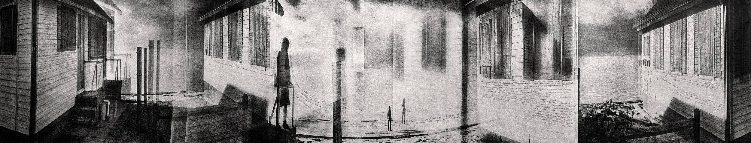 Row Houses • In camera collage on film with hand written text • Ink on Japenese Kinwashi 38" x 168"