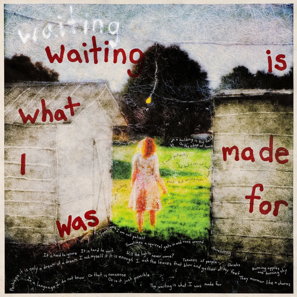 Waiting Is What I Was Made For • Ink on hand made Amate paper with encaustic, mark making, hand written text • 40″ x 40″ • 2023