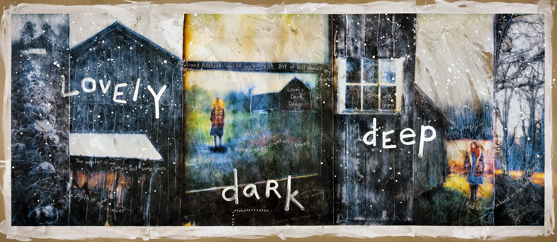 Lovely Dark Deep • Ink on brown paper with encaustic, mark making, hand written text, and yarn • 40″ x 89″ • 2024