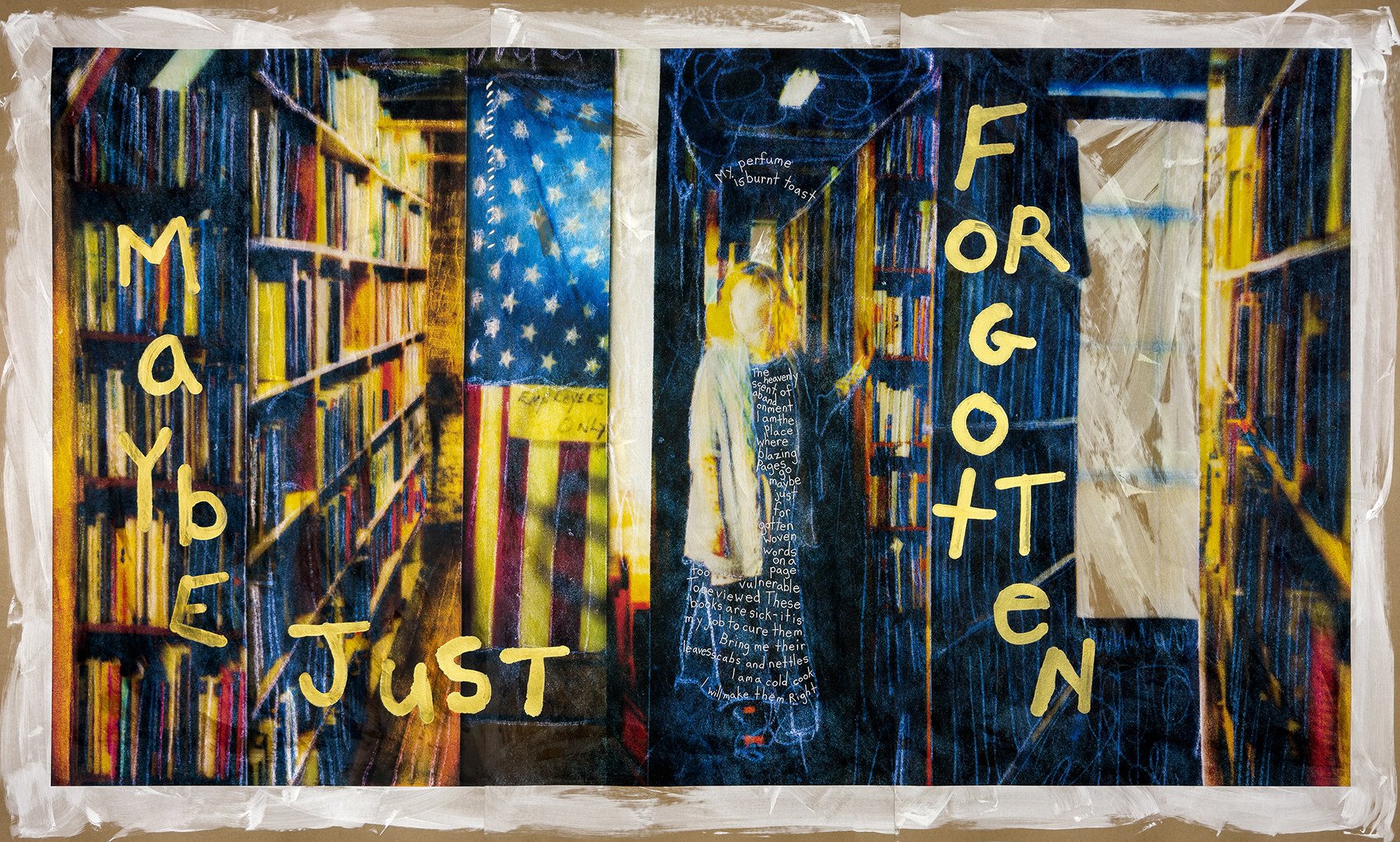 Maybe Just Forgotten • Ink on brown paper with encaustic, mark making, hand written text, and yarn • 40″ x 70″ • 2024