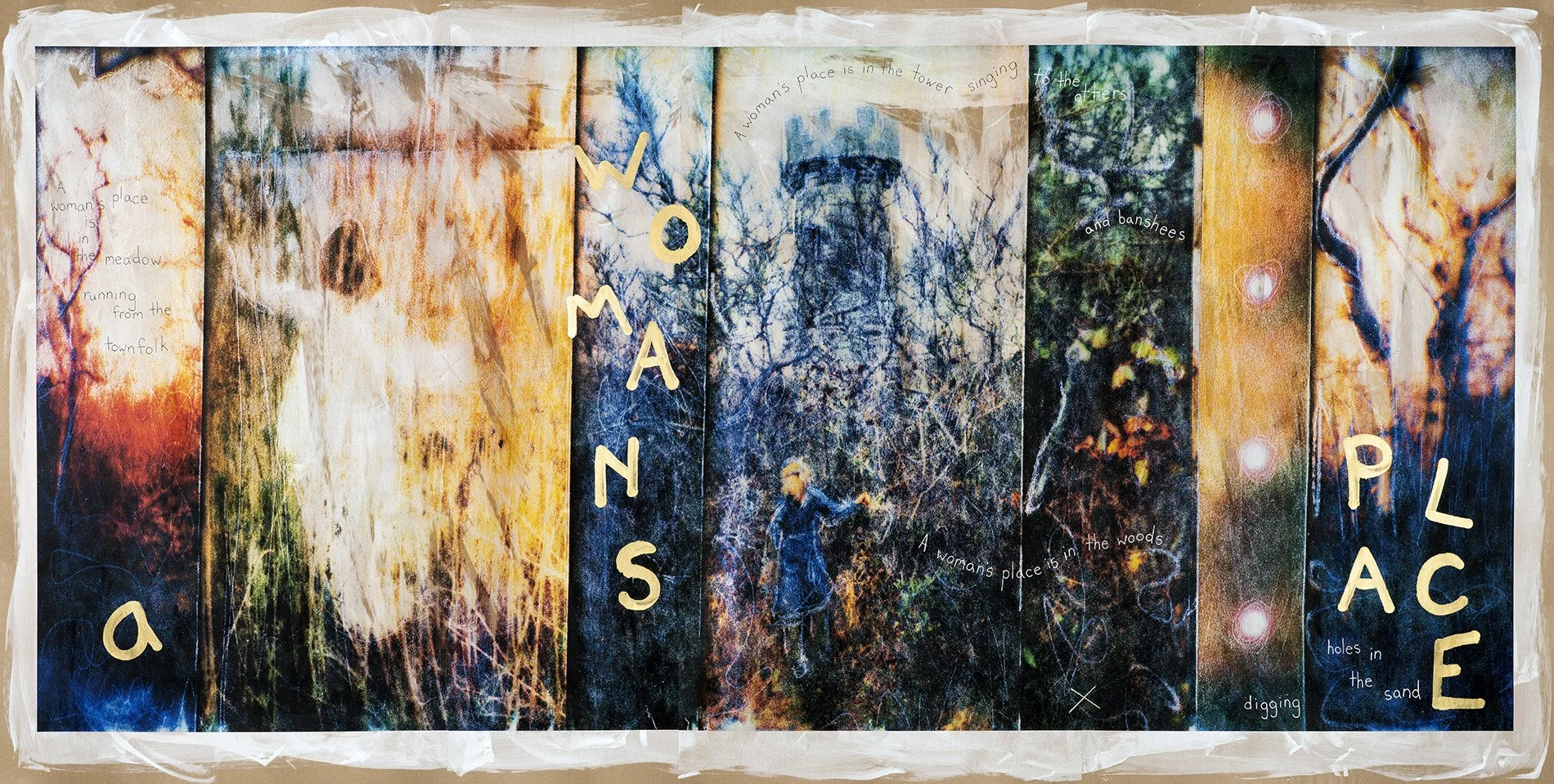 A Womans Place • Ink on brown paper with encaustic, mark making, hand written text, and yarn • 40″ x 79″ • 2024