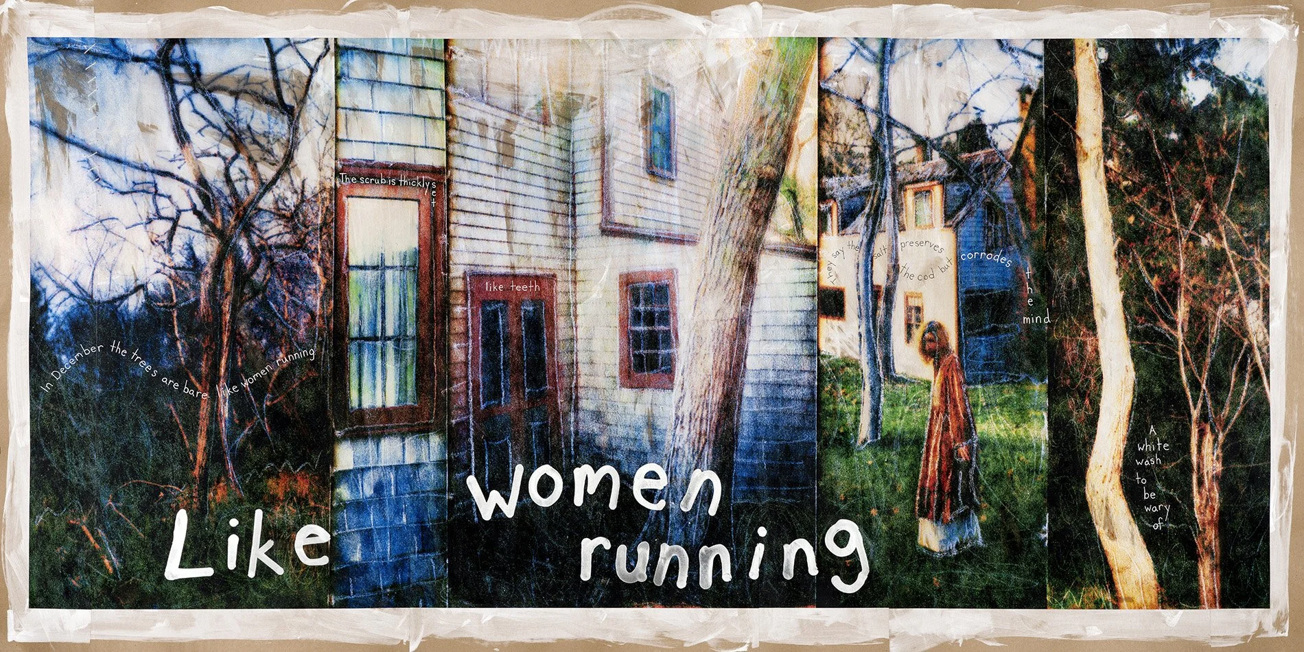 Like Women Running • Ink on brown paper with encaustic, mark making, hand written text, and yarn • 40″ x 79″ • 2024