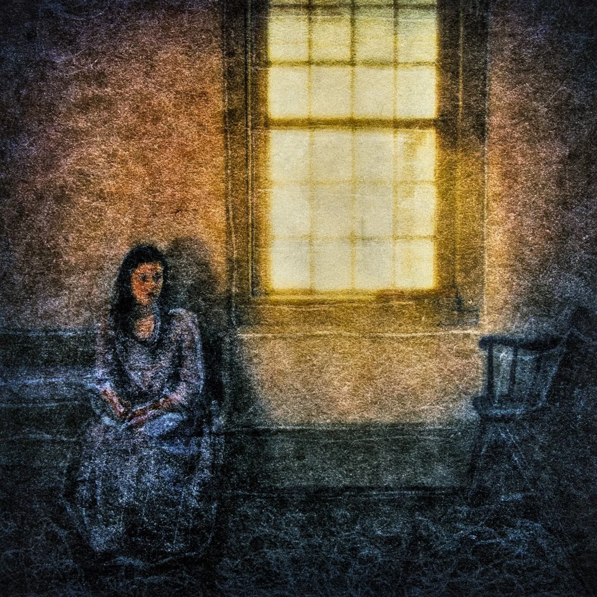 Girl With Two Benches • Pigment on hand made Amate Paper with Mark Making 40" x 40" • 2015