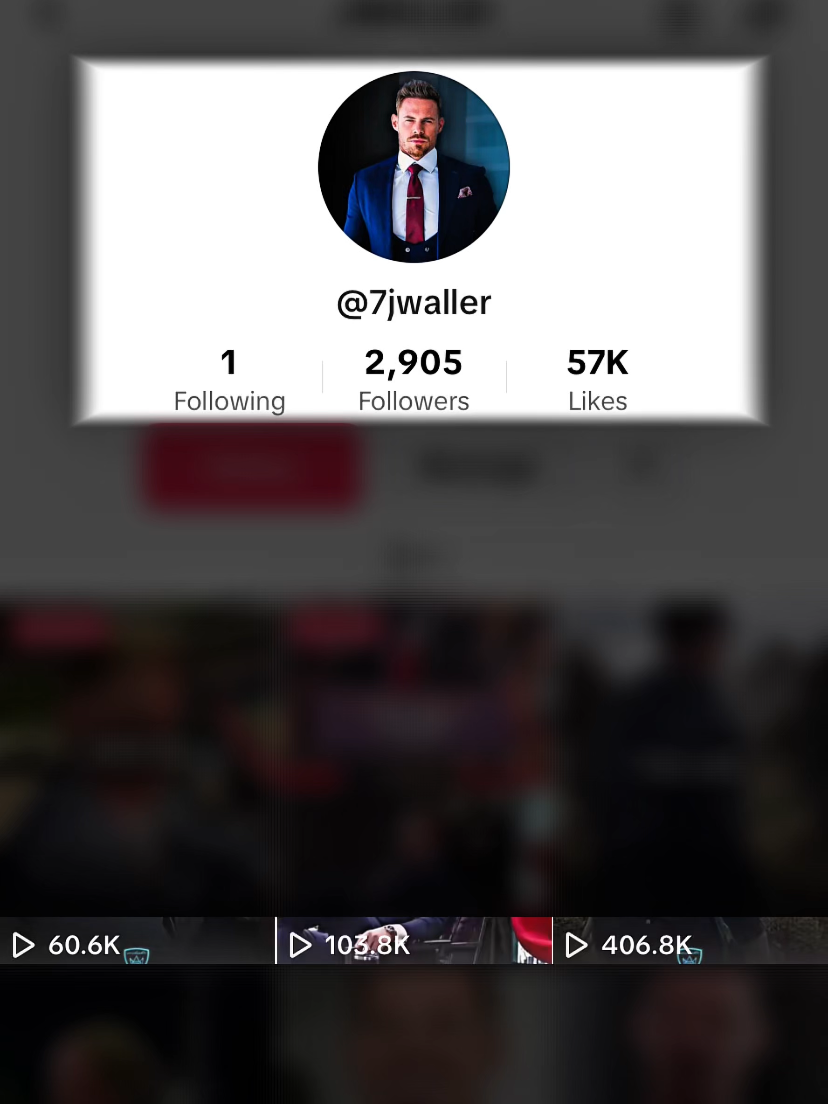 Social media profile screenshot showing a man in a suit with a tie, username '@7jwaller,' and statistics of following, followers, and likes.