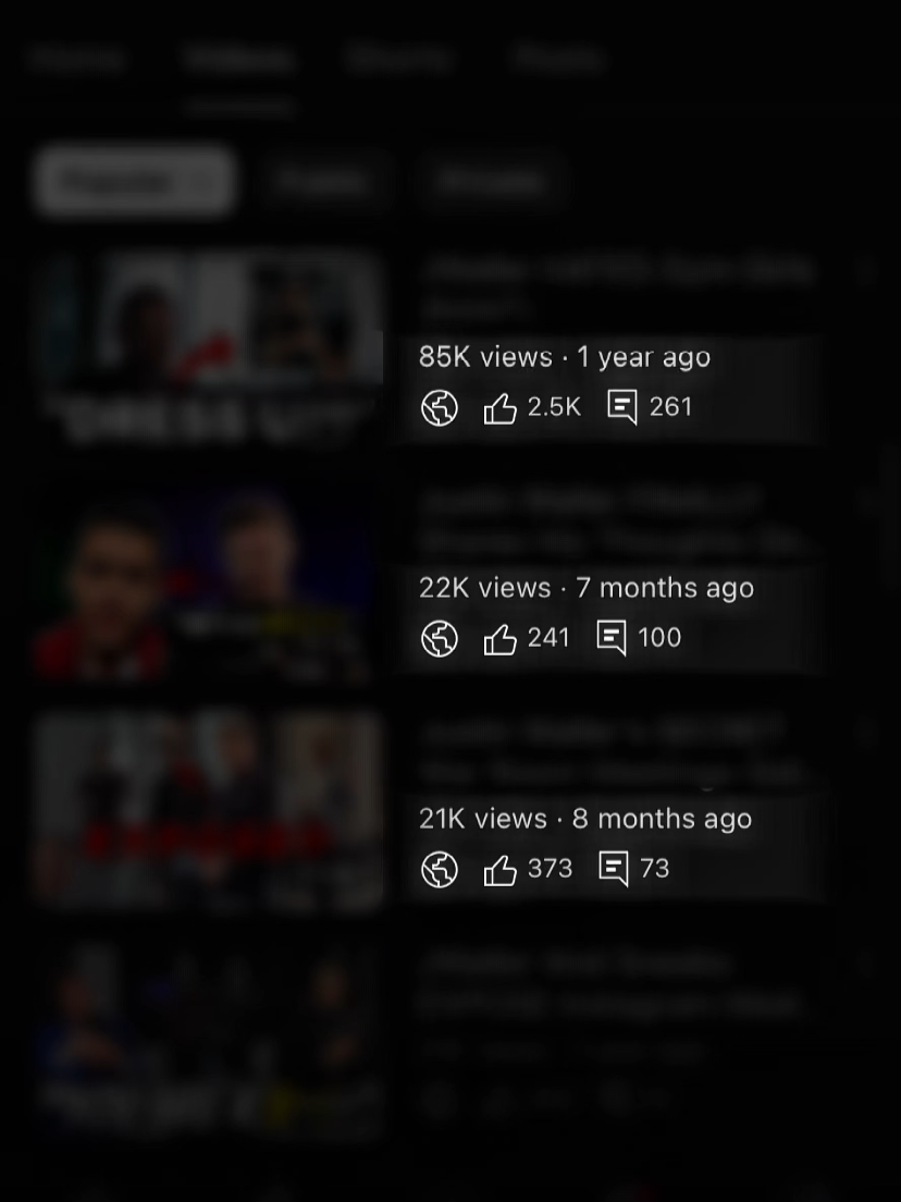 YouTube video list showing three videos with views, upload time, likes, and comments.