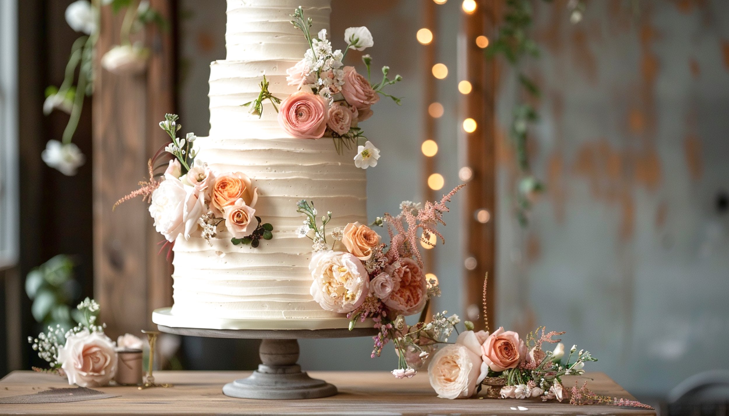 A tall, white, layered wedding cake decorated with pink and white flowers, displayed on a wooden table with scattered flowers around it.