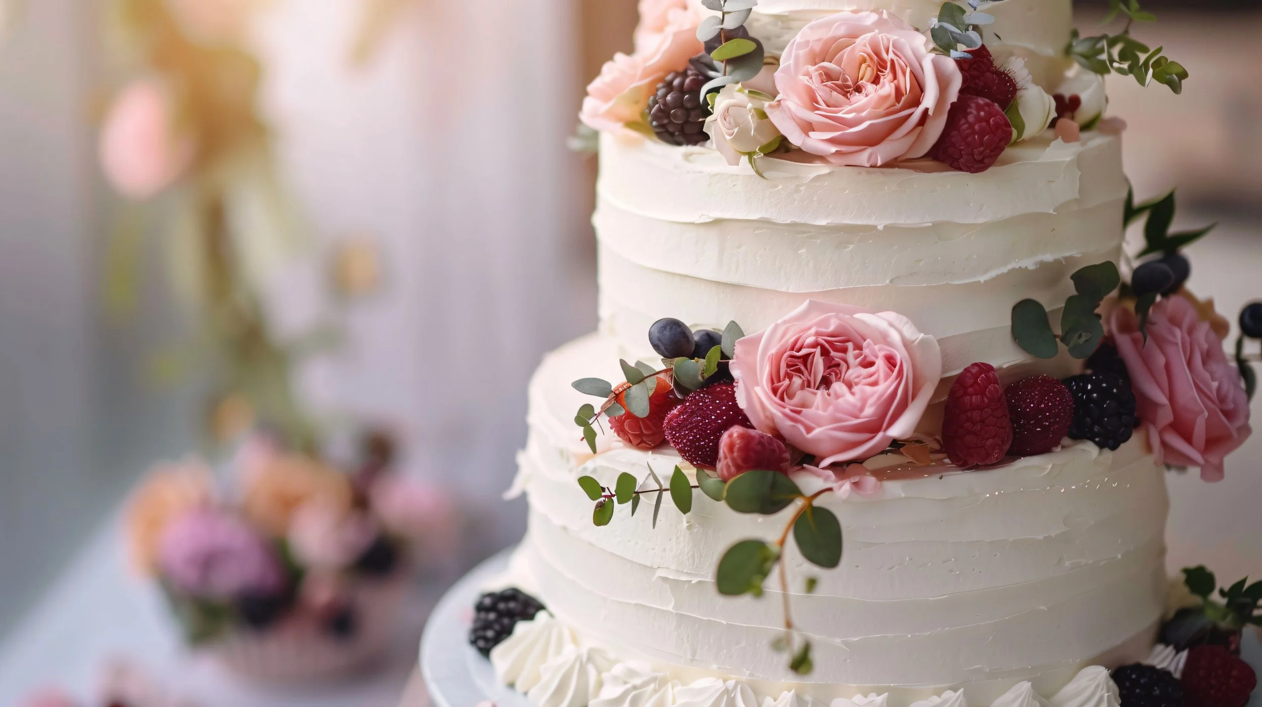 A multi-tiered wedding cake decorated with pink roses, blackberries, raspberries, and green leaves.