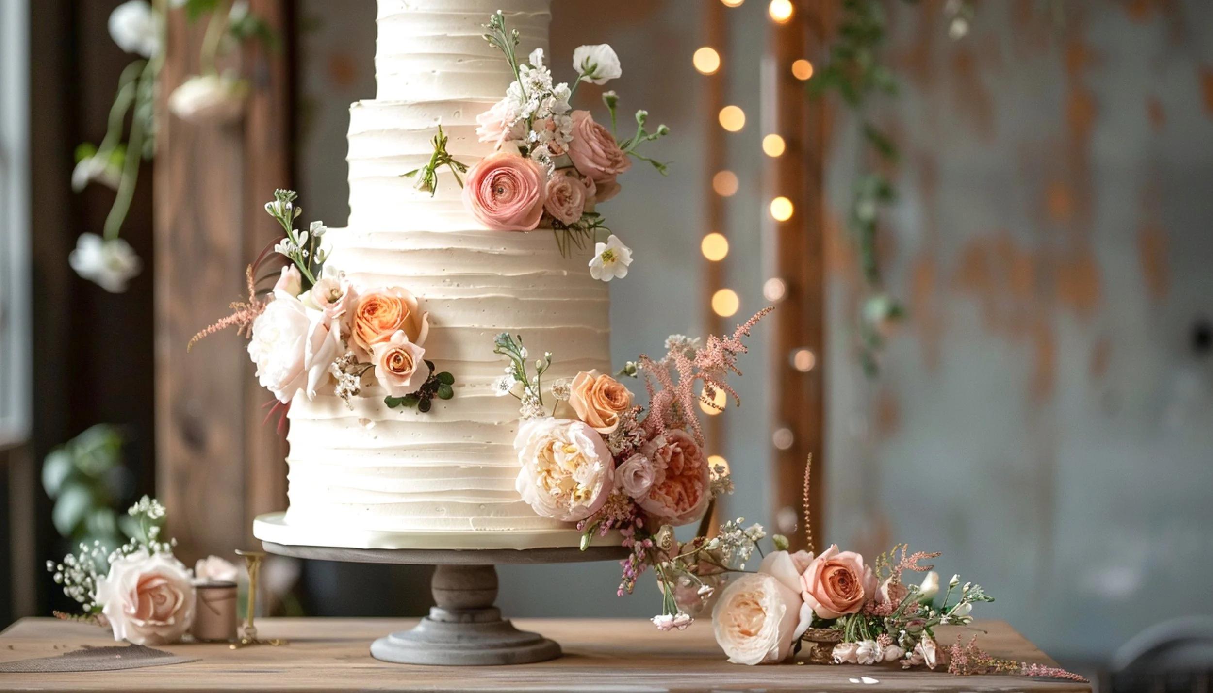 A tall, layered wedding cake decorated with pink, white, and peach flowers and greenery, set on a cake stand on a wooden table with scattered flowers and a small candle, with a blurred background of string lights and wooden decor.