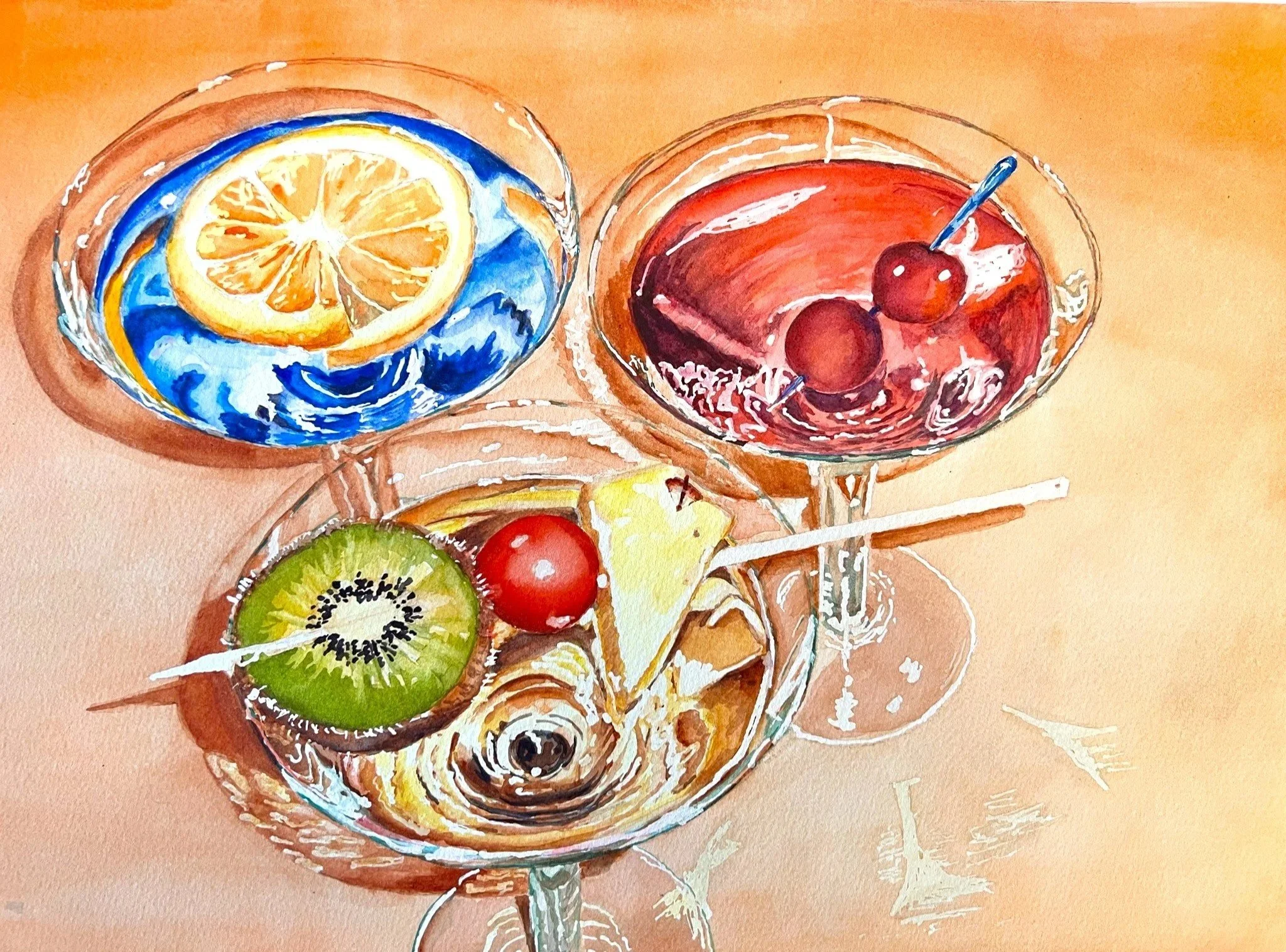 It's Not Your Average 3-Martini Lunch $175
Watercolor 11"x14" framed
(Love these "dressy" cocktails)