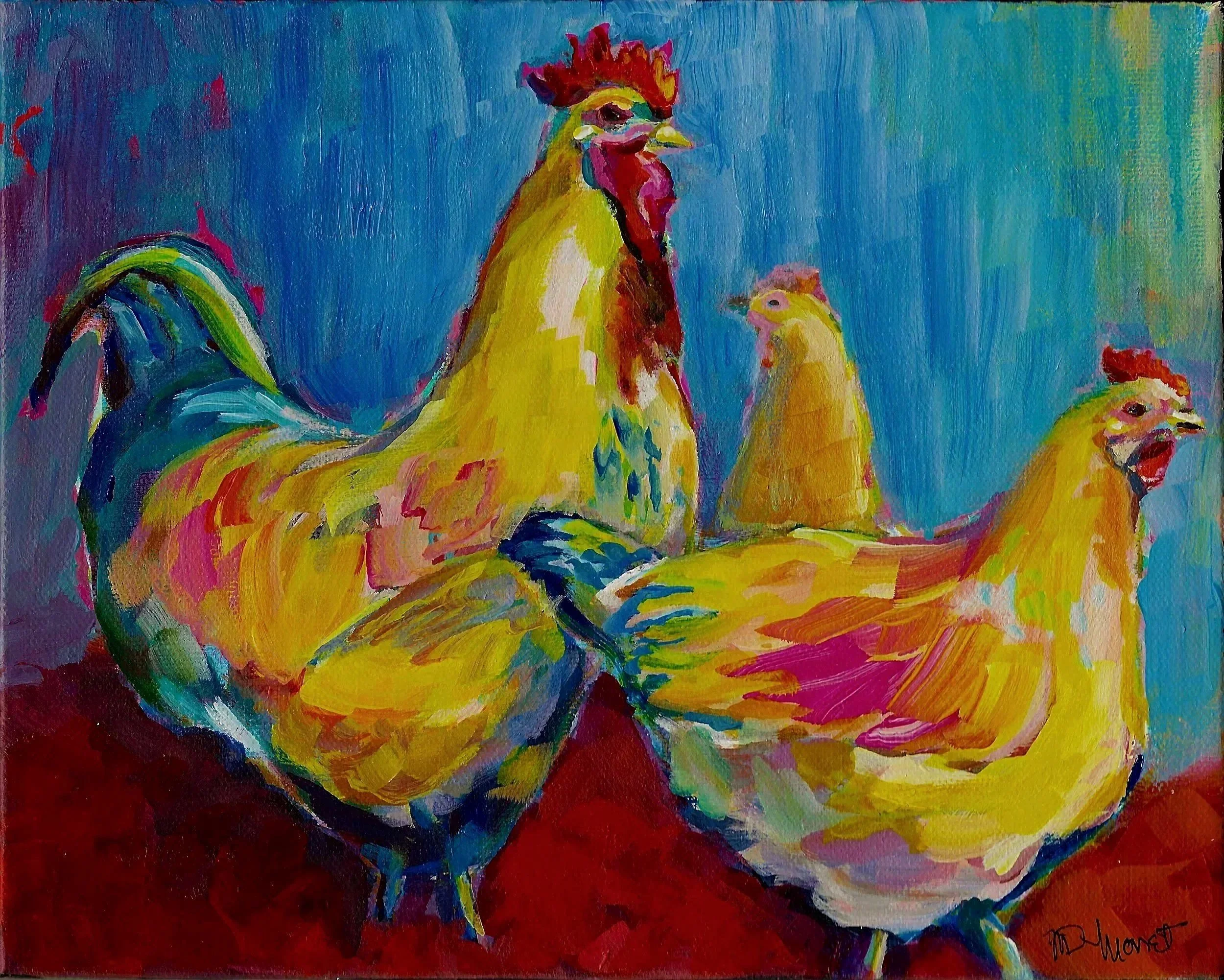 LADIES FIRST $125
Acrylic 8x8 Gallery Wrapped Canvas
(Inspired by Telephone Pole Road ranch chickens)