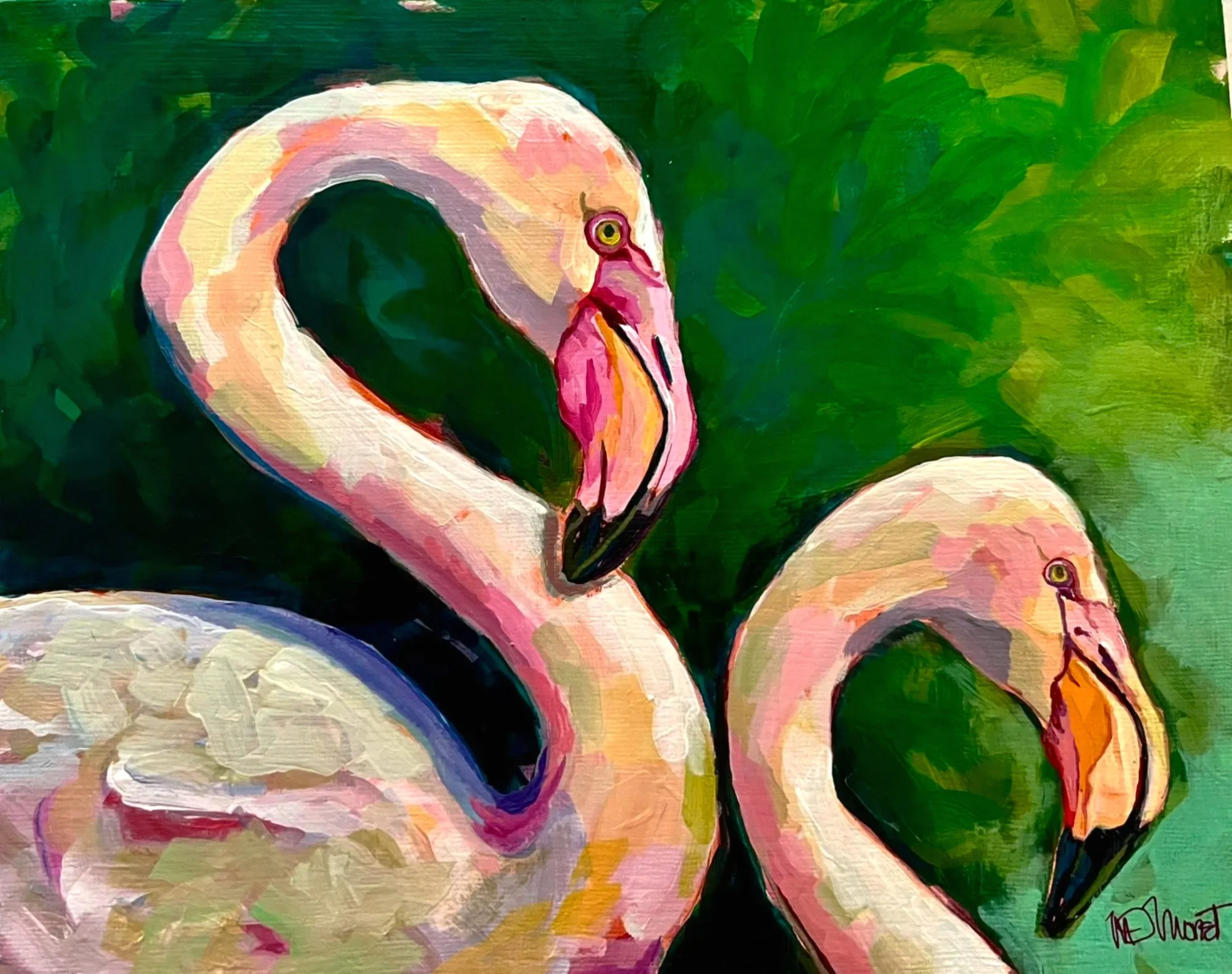 FLAMINGO FLOW $125
Acrylic on canvas board 8 X 10 framed
(2026 Bird series - Revisiting flamingos residing in a zoo lagoon adjacent to an Arizona restaurant patio.)