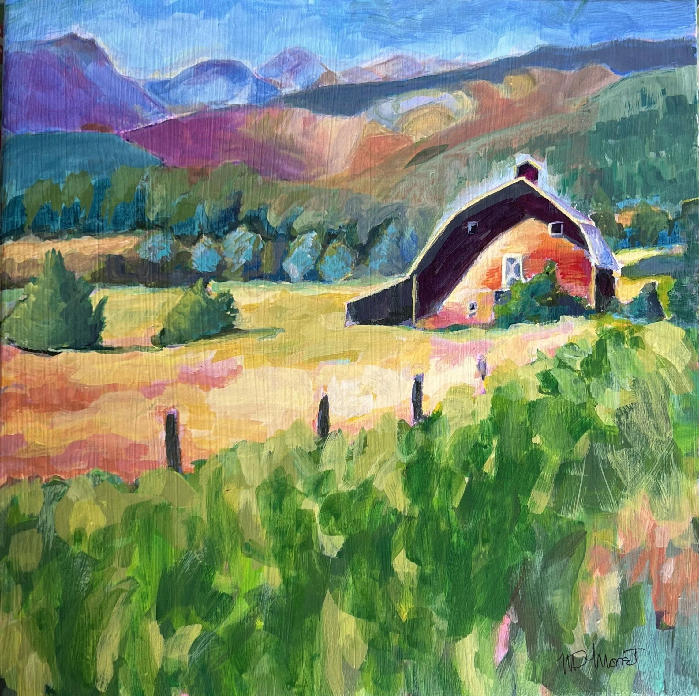 Meadow Barn $125
Acrylic 12 x 12 Cradle Board
(This Washington Barn melded into the environment, as if organically grown. Even the barn face has a sunny vitality. It was hard to pass up.)