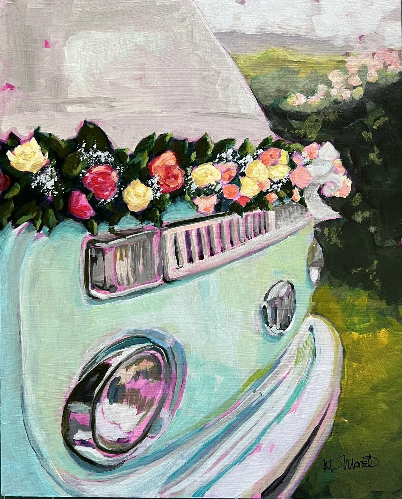VAN IN BLOOM $125
Acrylic on Canvas Board, Black Frame
(Briefly had a VW van in college with eau de diesel parfum. Wishful reinvisioned ride.)