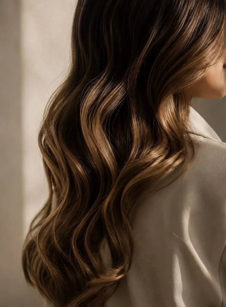 Ondas suaves en cabello castaño claro, trabajo de estilismo y acabado premium.