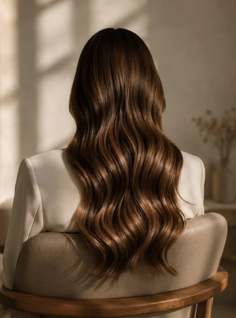 Mechas y ondas naturales en cabello marrón, resultado de un servicio de color y estilismo.