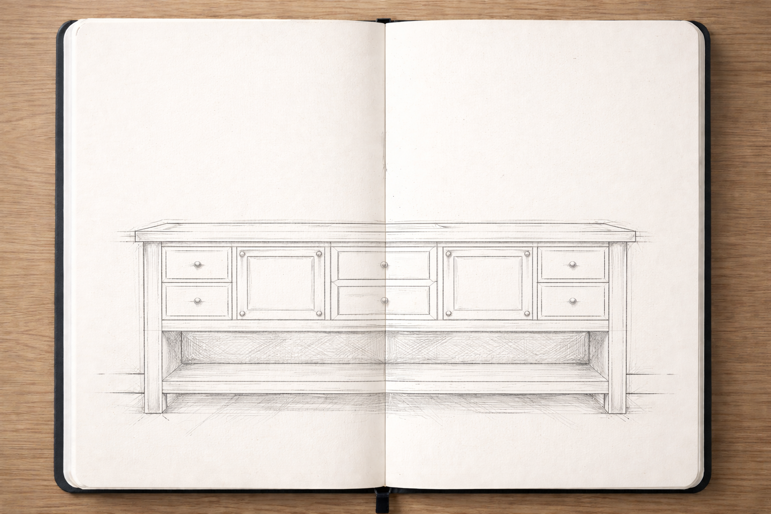 Sketch of a wooden sideboard with drawers and open shelf underneath, drawn in a notebook.