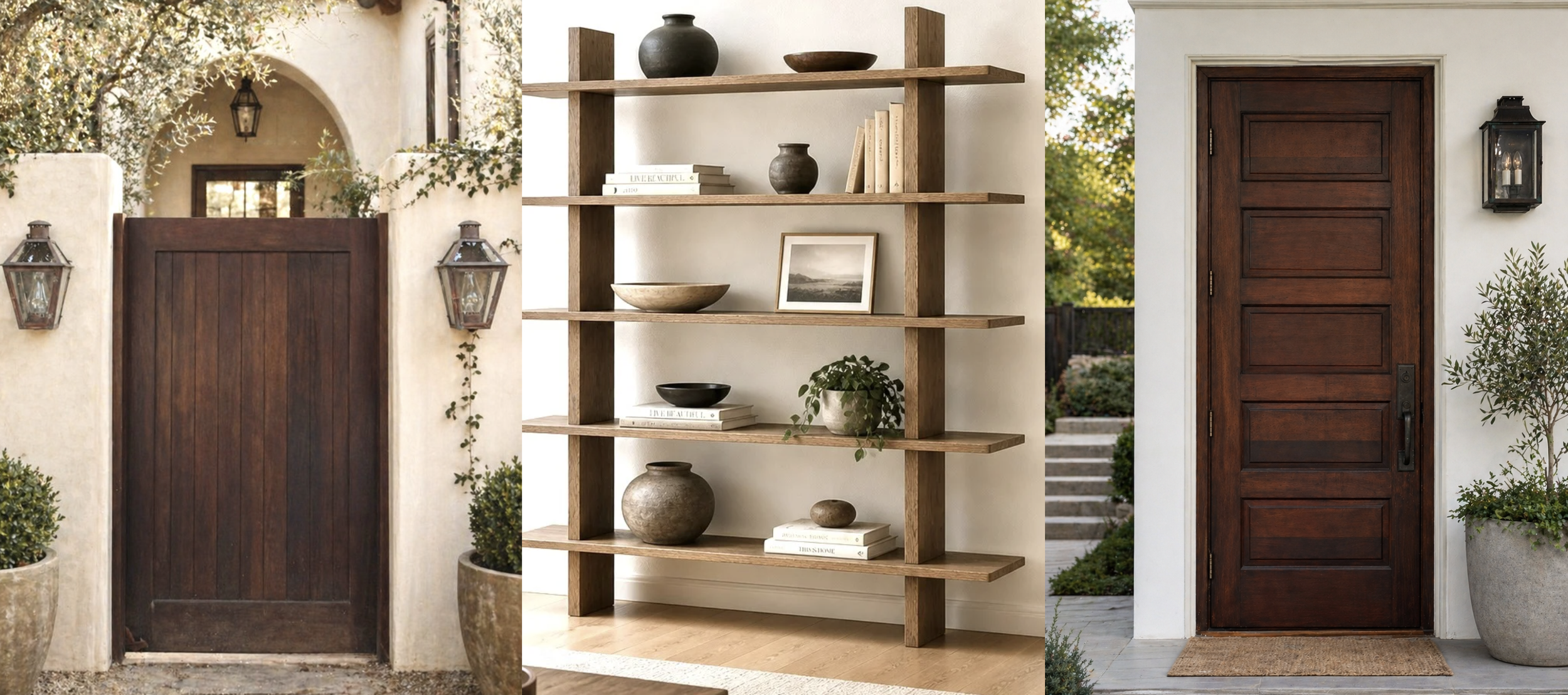 Composite image with three sections: The left section shows a wooden front door with lanterns and potted plants on either side, set against a stucco wall with decorative trees. The middle section displays a wooden bookshelf with assorted pottery, books, and a framed photo, set inside a room. The right section features another wooden door with lanterns and potted plants, set outside with steps leading up to a garden.