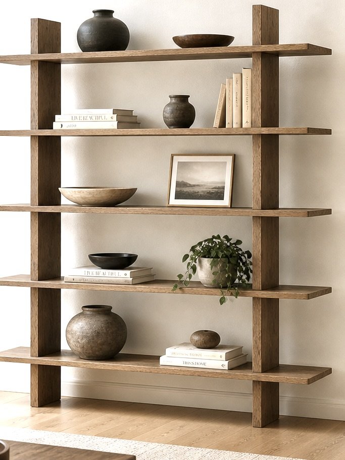 A wooden bookshelf with five shelves displaying vases, books, a framed picture, and a potted plant against a beige wall.