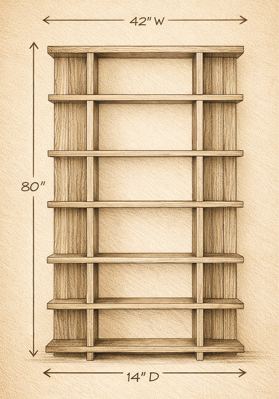 A wooden bookshelf with five shelves, measuring 42 inches wide and 80 inches tall, with a depth of 14 inches.
