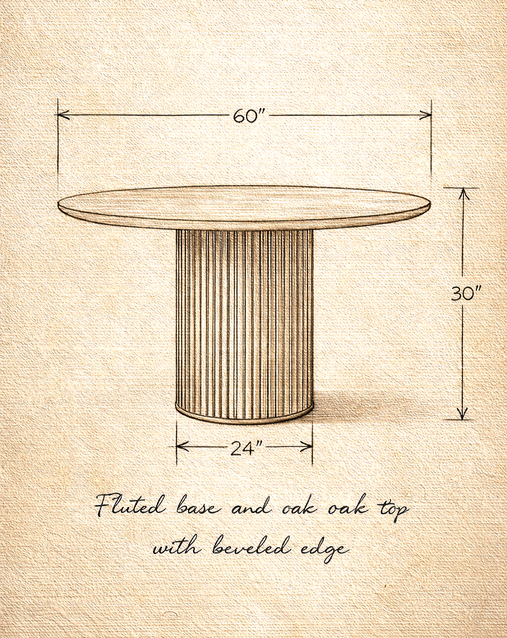 A technical drawing of a round table with a fluted base and oak top. The table measures 60 inches in diameter, 30 inches in height, and the base has a 24-inch diameter. The drawing includes dimensions and a note about the table's design.