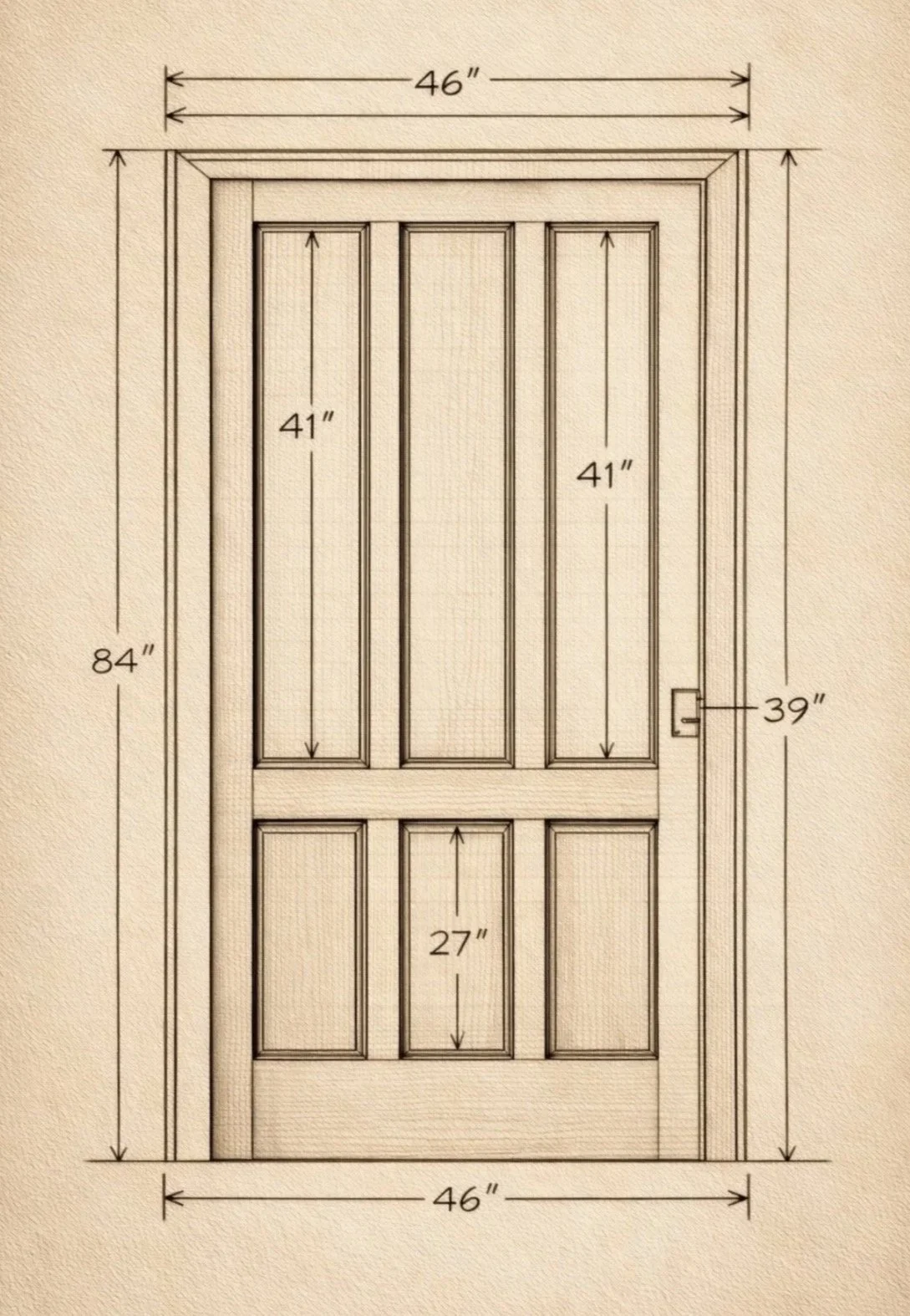 Blueprint drawing of a door with detailed measurements, including 46 inches wide, 84 inches tall, and interior panels with individual measurements.