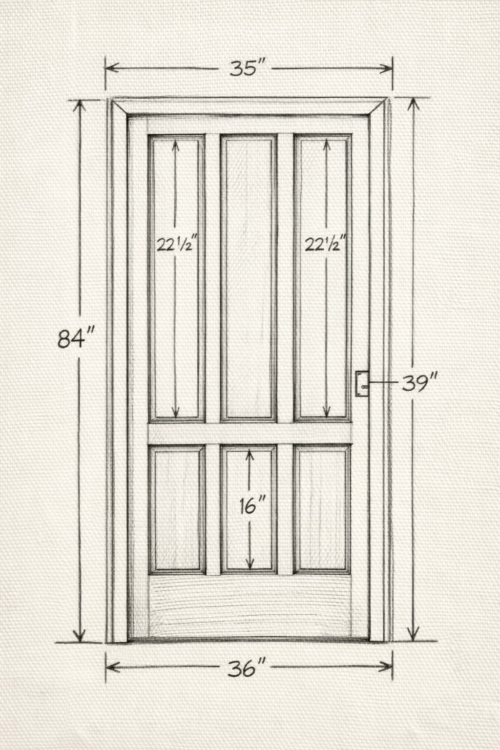 Drawing of a door with dimensions labeled, including height, width, and panel sizes.