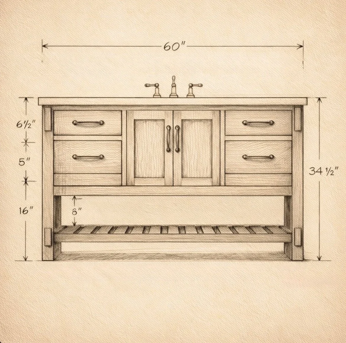 Sketch of a bathroom vanity with dimensions: 60 inches wide, 34.5 inches tall, with a double sink, five drawers, two cabinet doors, and a lower shelf.