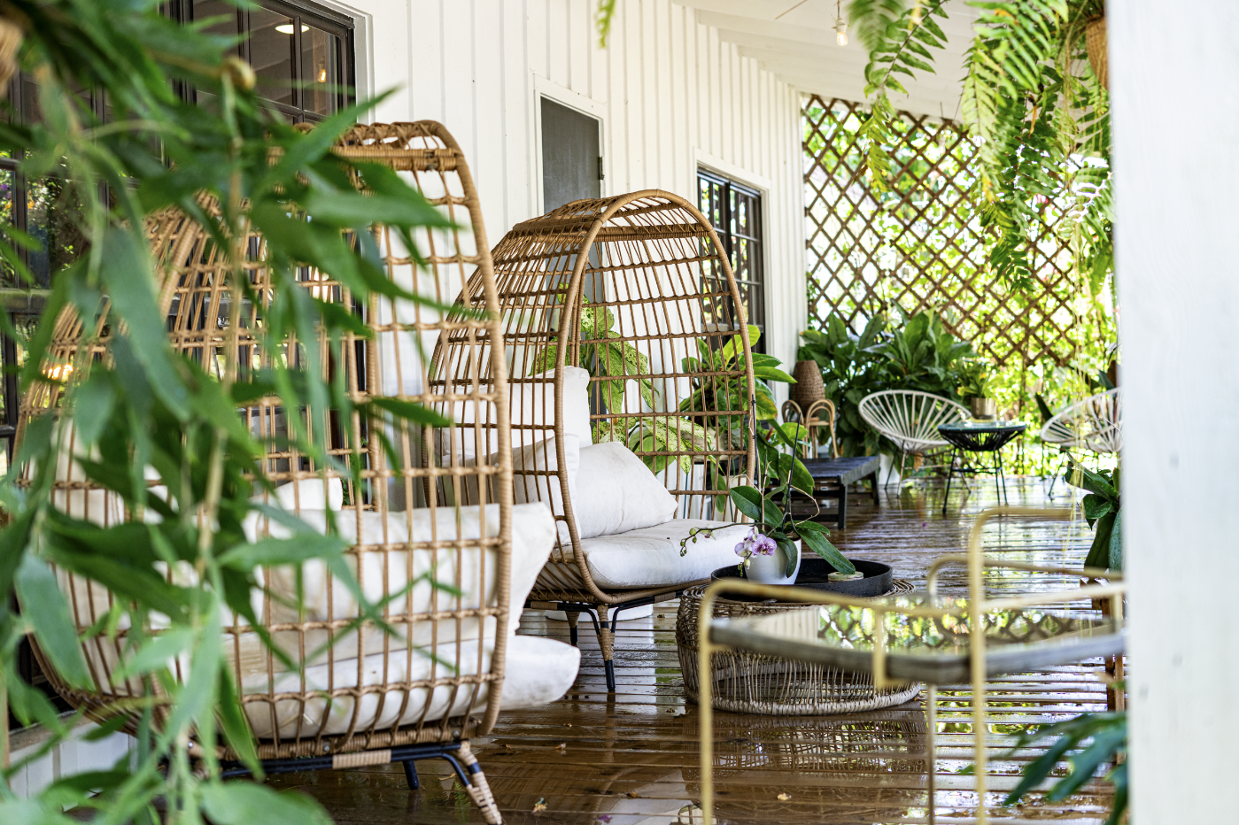 Decorative outdoor patio with wicker egg chairs, lush green plants, and wooden flooring, partially shaded by a lattice and leafy ceiling.