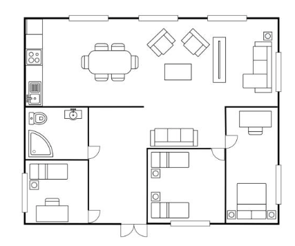 Floor plan of a house showing a kitchen, dining area, living room, three bedrooms, and a bathroom.