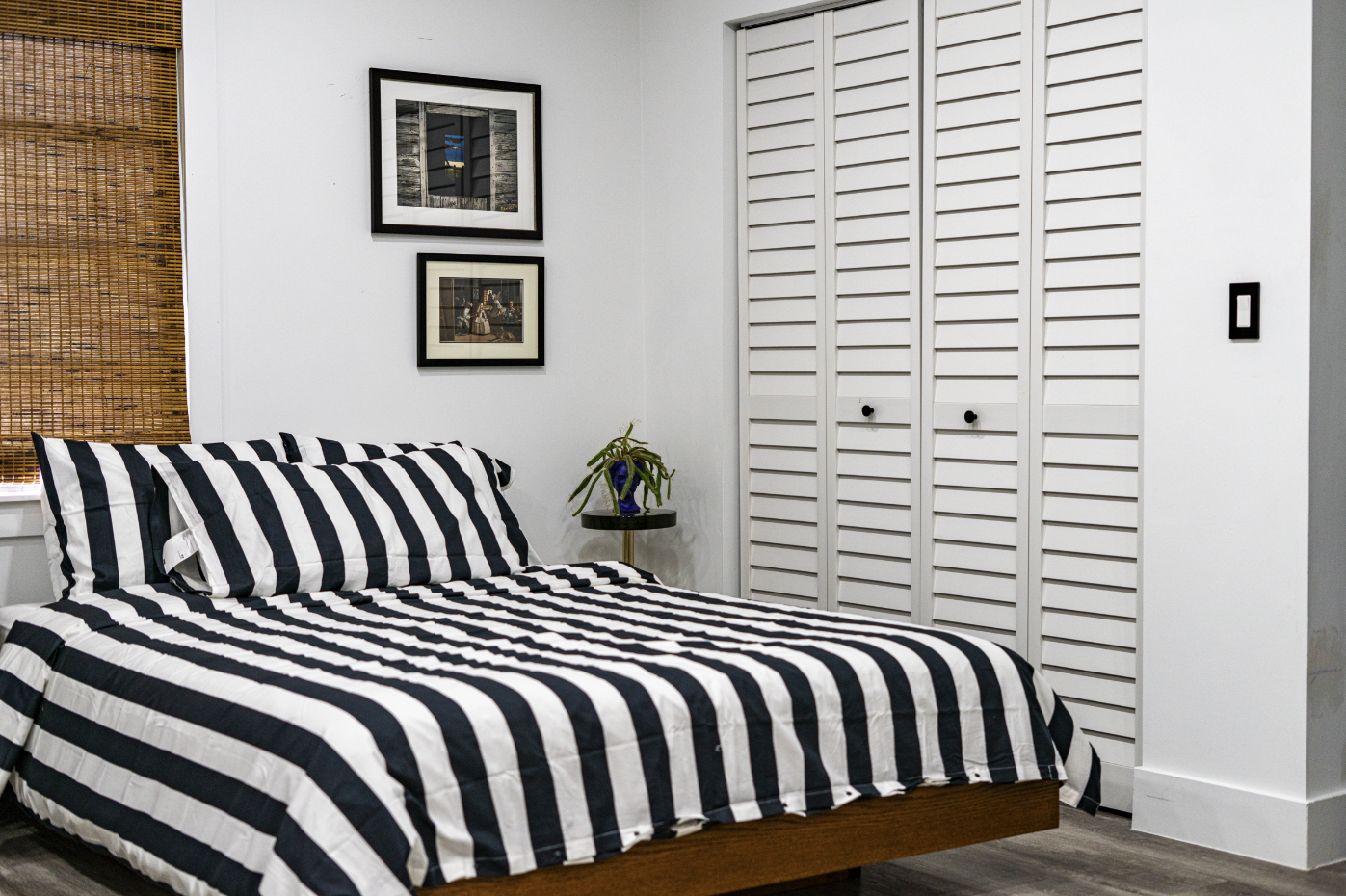 A bedroom with a bed covered in black and white striped bedding, a small side table with a potted plant, two framed pictures on the wall, a window with bamboo blinds, and a white louvered closet door.