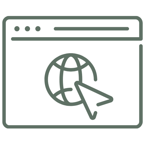 Icon of a web browser window with a globe and a cursor arrow, representing internet or online browsing.