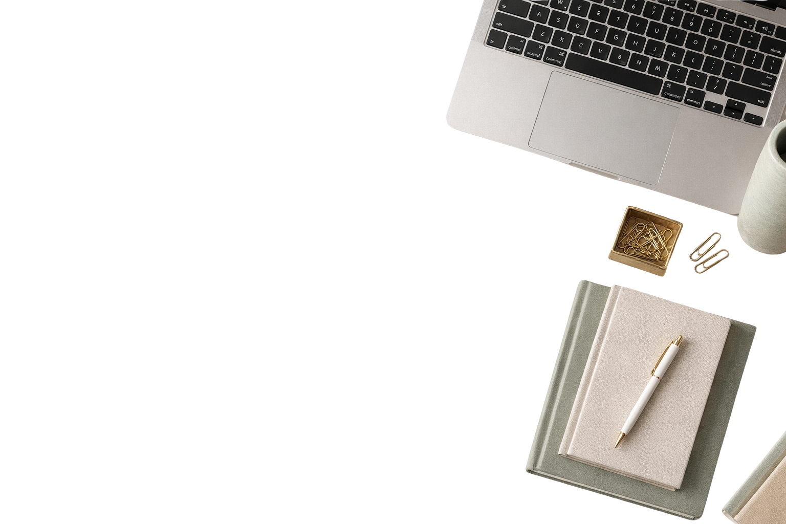 A flat lay of a workspace featuring a laptop, two notebooks with a pen, a small container of gold paperclips, a few extra paperclips, a roll of tape, and a gray mug on a dark surface.
