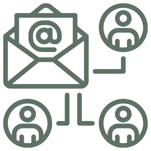 An email icon with '@' symbol connected to four user profile icons.