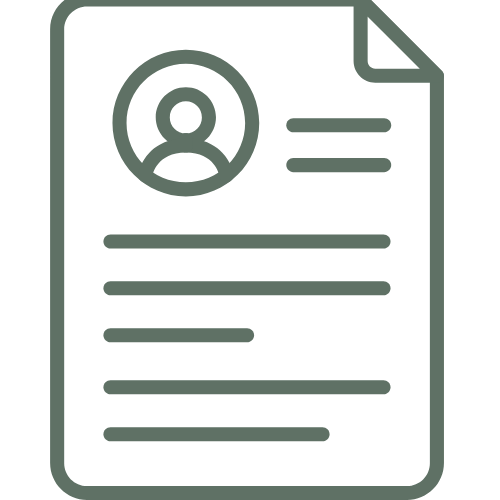 Icon of a resume or profile document with a user silhouette and lines representing text.