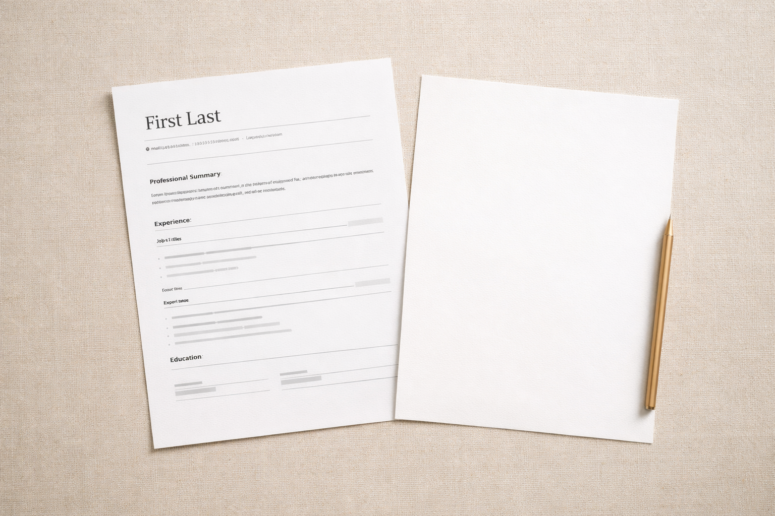 A resume document, a blank sheet of paper, and a gold pen on a beige fabric surface.