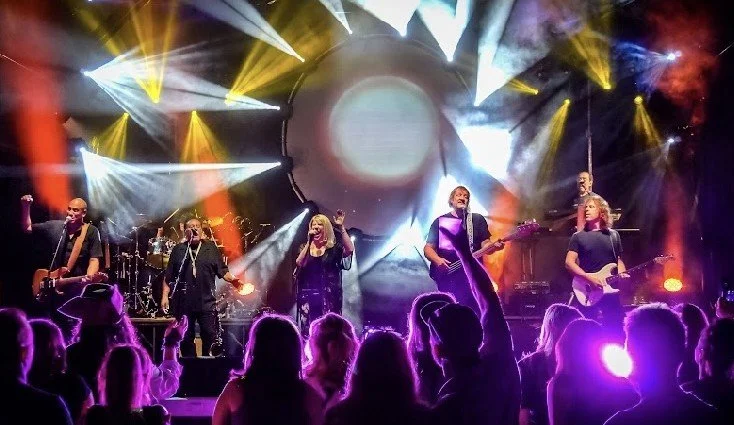 Live concert with a band performing on stage, colorful lights, and a cheering audience.