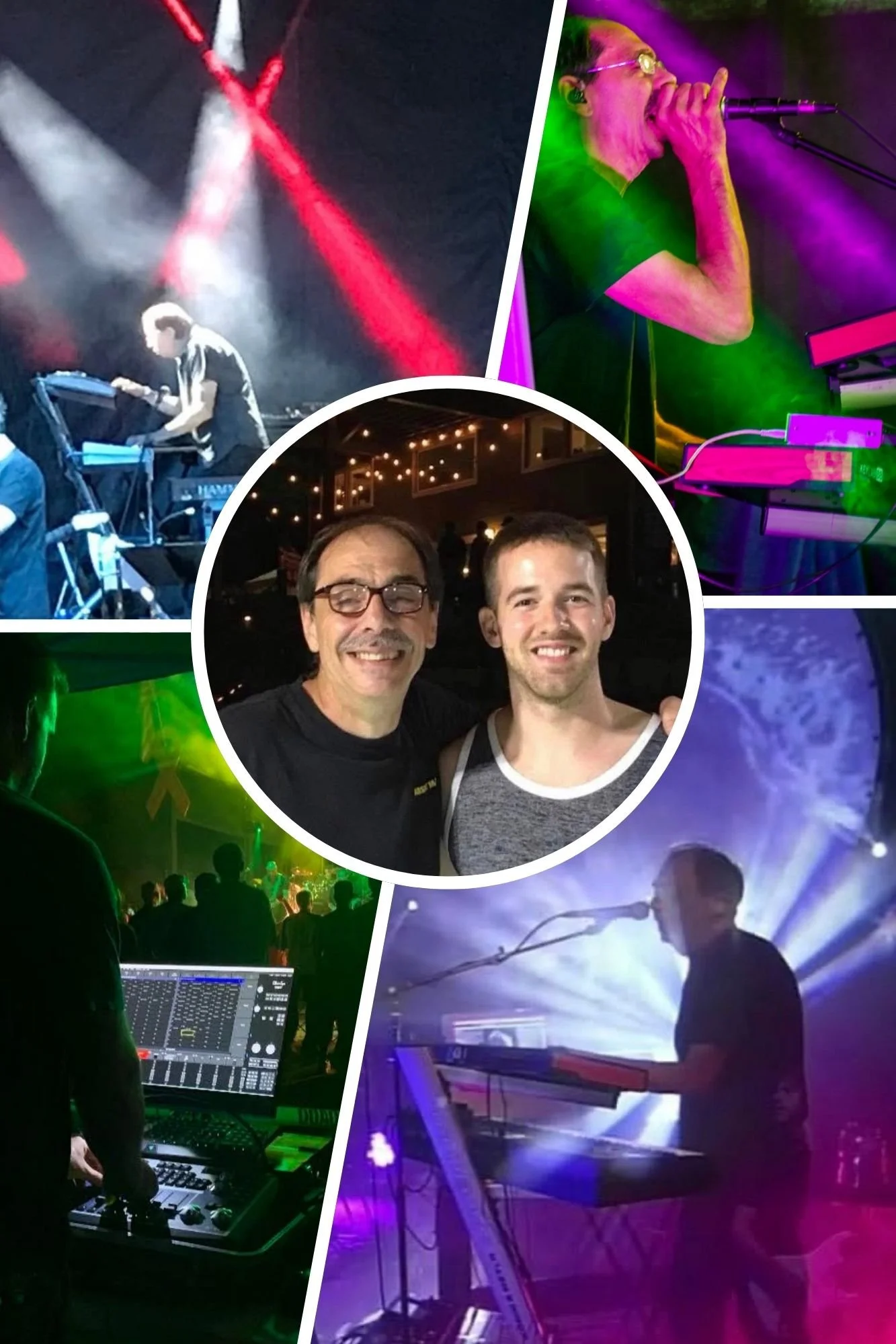 Collage of images from a live music event, including musicians performing on stage with keyboards and keyboards in colorful lighting, a DJ at a mixing console, and a crowd watching the performance. In the center, there is a smiling portrait of two men, one older with glasses and a younger man, in a venue with string lights, indicating a lively concert or music festival.
