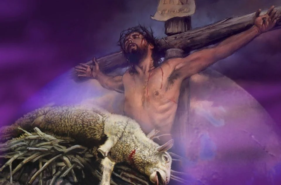 Artwork of Jesus Christ crucified on the cross with a lamb lying below him.