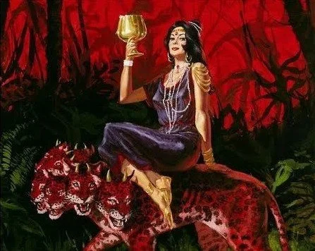 A woman dressed in traditional clothing, sitting on a leopard skin, holding a golden goblet, in a jungle setting with red lighting and trees in the background.
